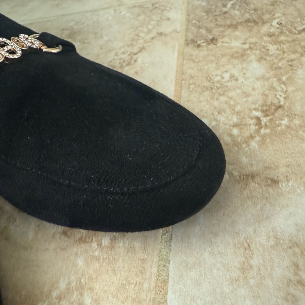 Black Suede Mule Loafers with Gold Chain Detail - Picture 10 of 10